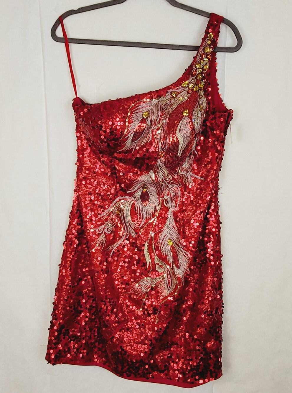 New Nina Canacci red sequin beaded peacock feather one shoulder dress Size 12